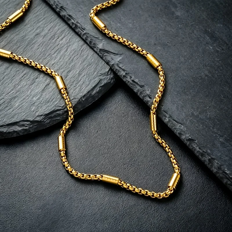 1pc Square Pearl Crimp Tube Chain Stainless Steel Irregular Chain Necklace for Casual and Formal Wear 50cm