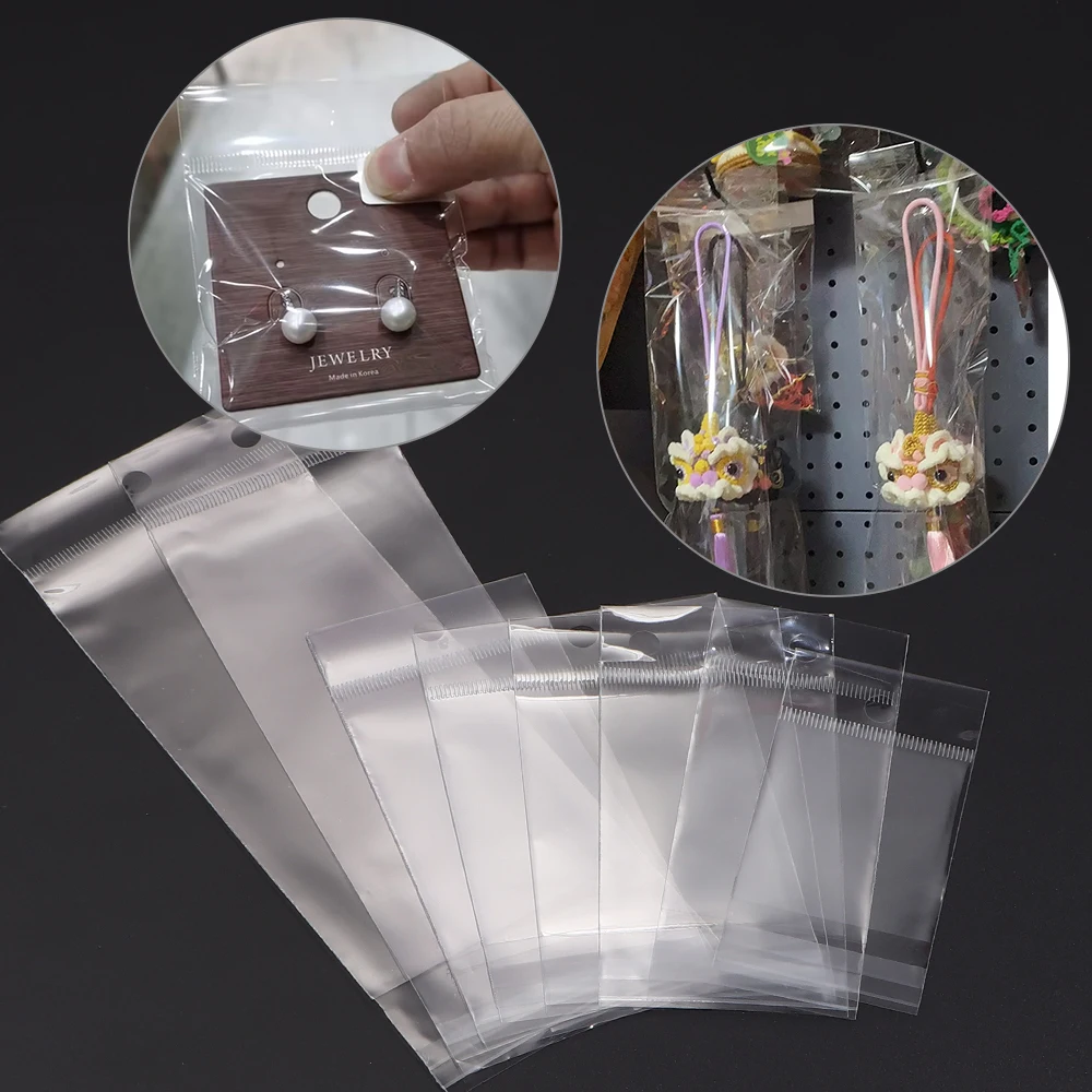 100pcs Transparent Self Sealing Adhesive Pouch OPP Bag Plastic Storage Bags with Hang Hole for Jewelry Retail Display Package