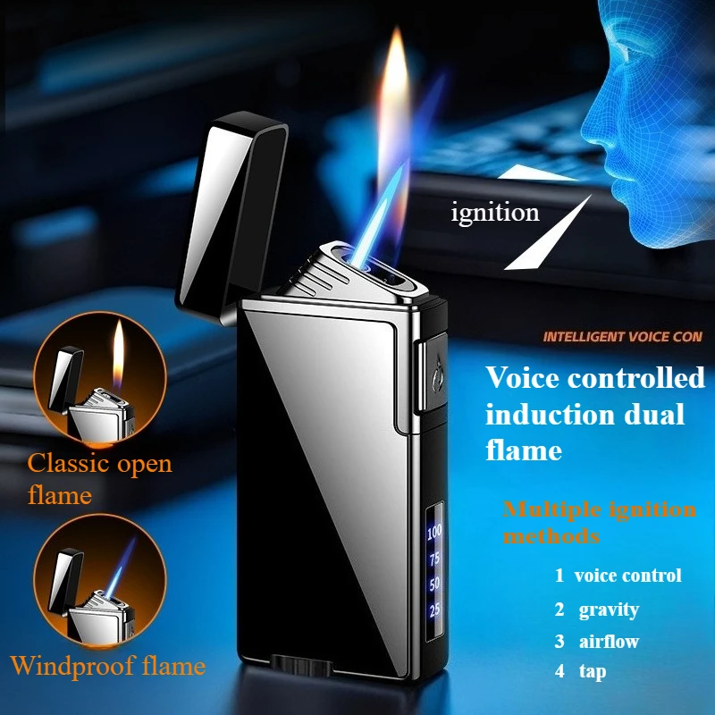 Intelligent Voice Controlled 2 Flames Butane Gas Lighter Open Flame Switching Jet Blue Flame Cigar Electric Lighters Smoking