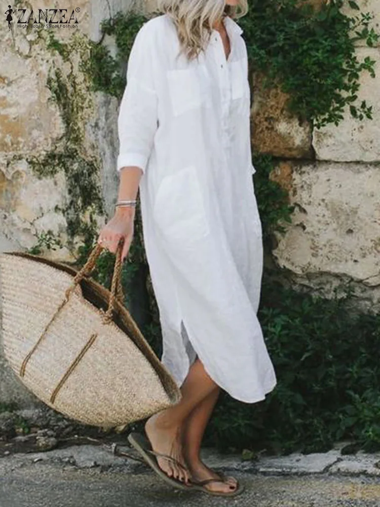 

ZANZEA Women Bohemian Cotton Shirt Dress 2025 Summer Turn-down Collar Long Sleeve Rounded Hem Midi Dresses Casual Loose Robes