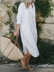 ZANZEA Women Bohemian Cotton Shirt Dress 2025 Summer Turn-down Collar Long Sleeve Rounded Hem Midi Dresses Casual Loose Robes