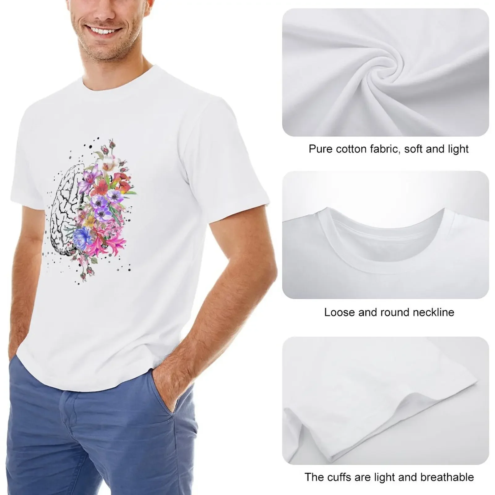 Brain anatomy,watercolor Brain, flowers brain, brain with Flowers T-Shirt anime t shirts new edition T-shirt men