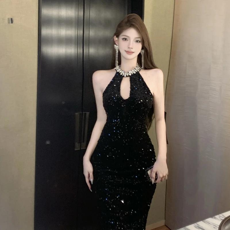 Abito da sera alla moda francese di fascia alta autunnale Abito da festa sottile con paillettes con scollo all'americana da donna Elegante abito formale da banchetto