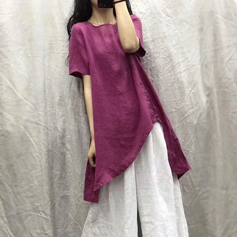 T-Shirt Long irrégulier pour femmes, décontracté, ample, boucle latérale, Y2k, manches courtes, respirant, nouvelle collection été 2025