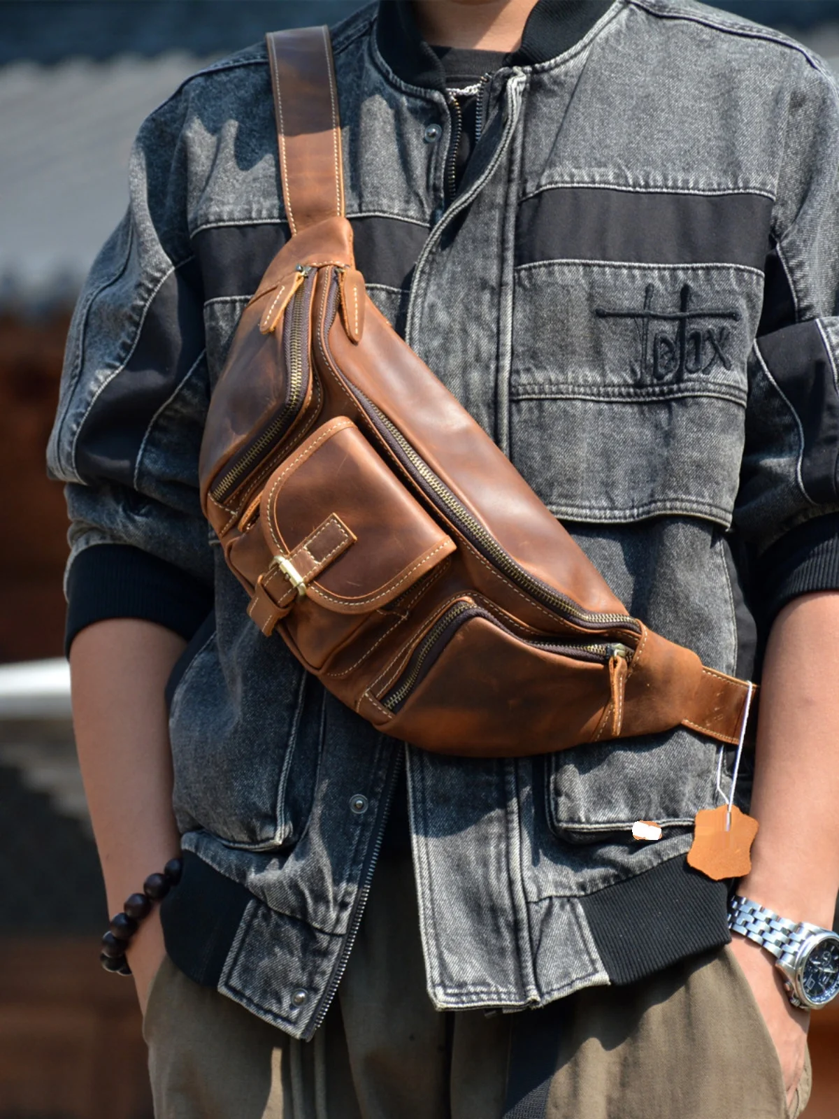PNDME vintage designer handmade genuine leather multifunctional men's chest bag sports luxury crazy horse cowhide crossbody bag