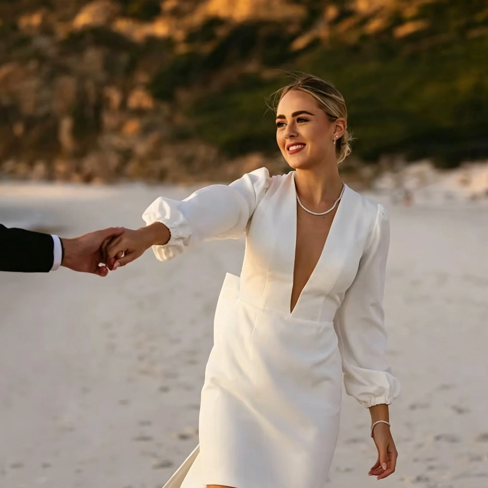White Satin Short Wedding Dress Long Puff Sleeve Deep V Neck Back Big Bow Beach Elopement Bridal Mini Wedding Gown For Bride