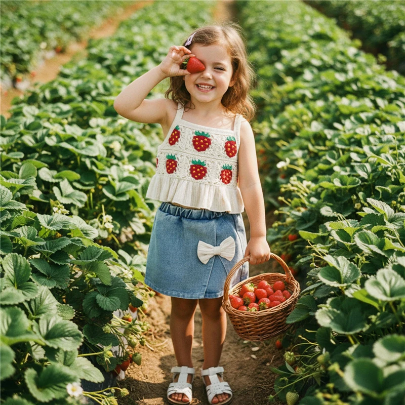 Cute Kids Girls Clothing Set Strawberry Crochet Cami Tops and Bow Denim Skorts Jeans Outfits Set Clothes Children's Set