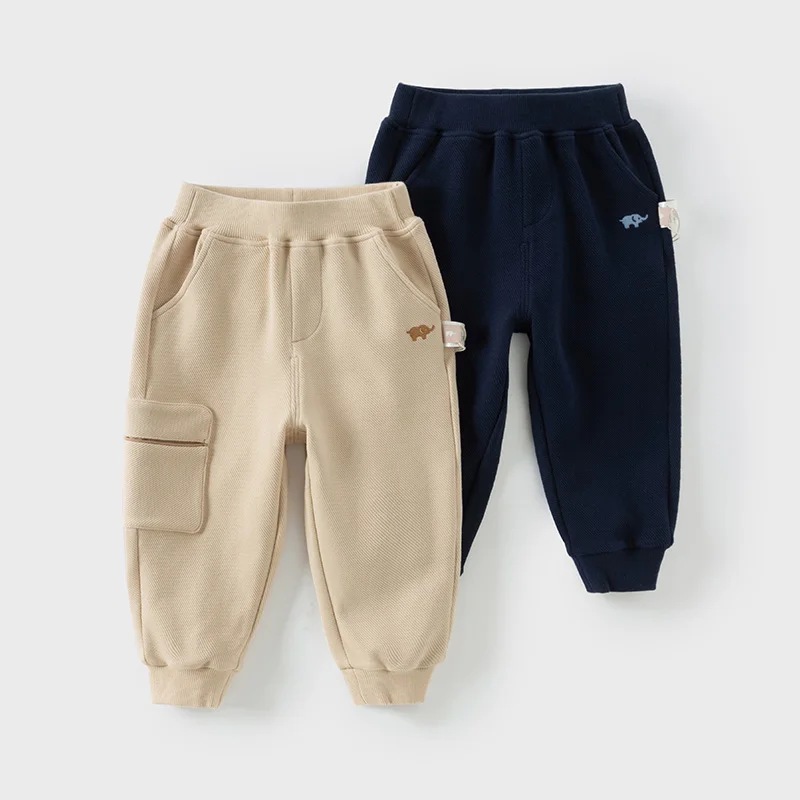 Dave Bella 2025 Spring Kids Boys Pants Cotton Pocket Loose Solid Stretch Boys Trousers Children Boys Knit Pants DB1250749