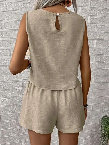 Imagen 2 del producto Conjunto de Top y pantalones cortos de Color liso para mujer, perfecto para vacaciones, tiempo libre