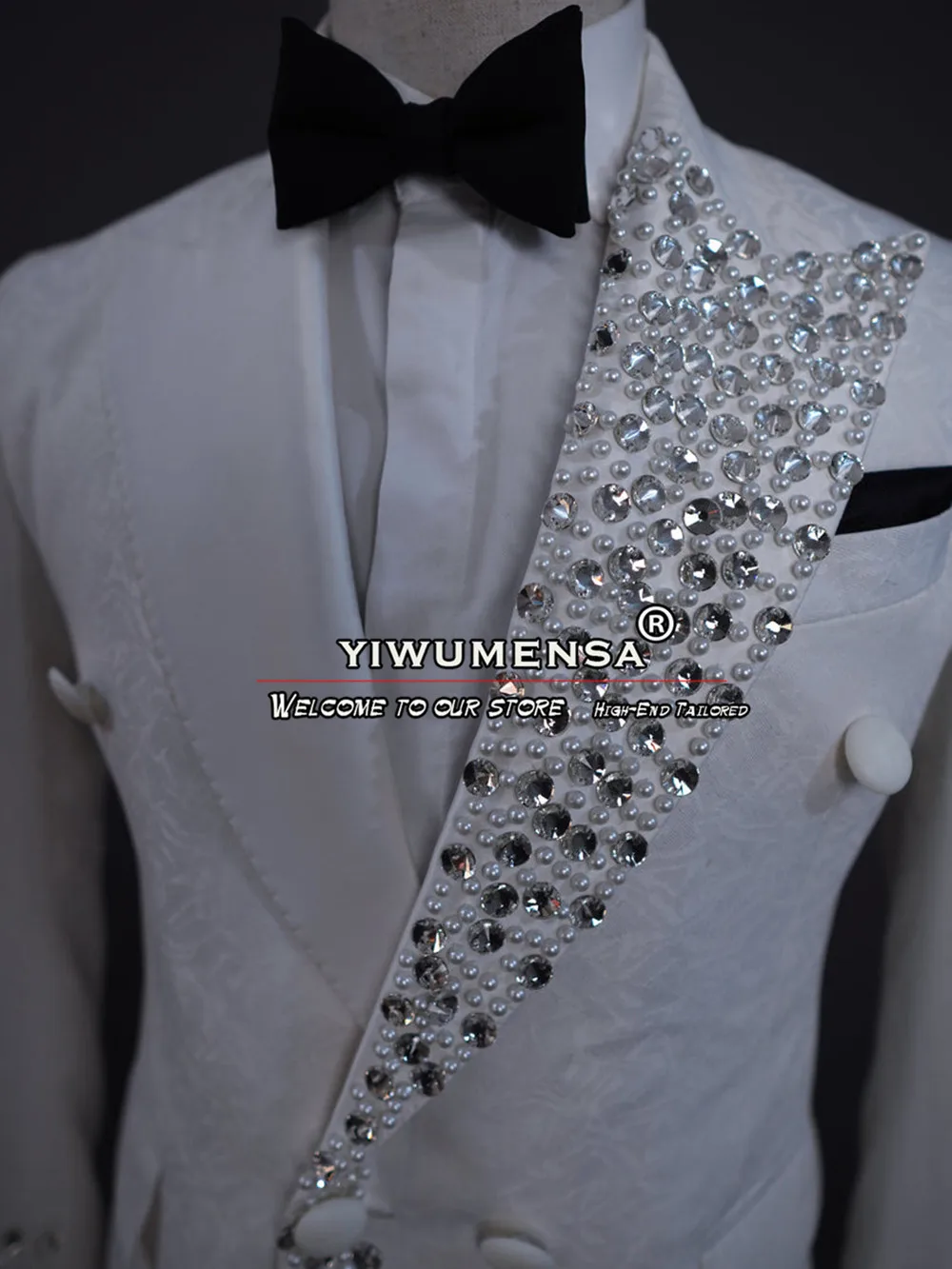 Luxury Suits Men For Wedding Crystals Pearls Beads Jacket Pants 2 Pieces Double Breasted Groom Tuxedos Bespoke Male Fashion Coat