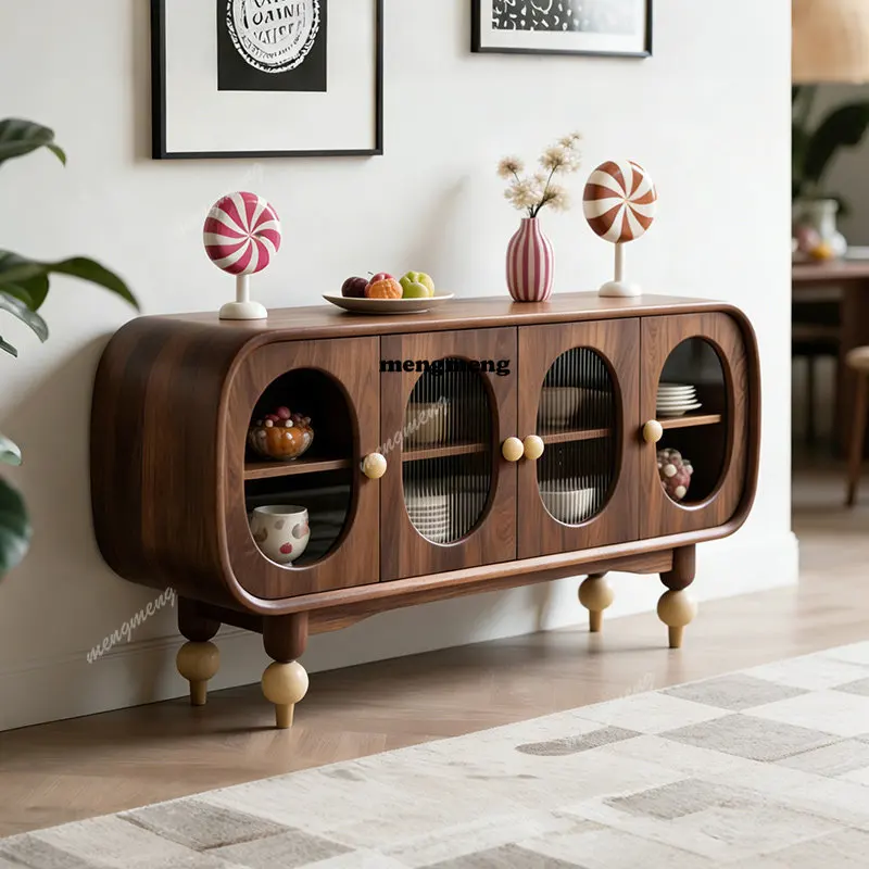 

Nordic retro solid wood dining side cabinet oval glass locker light luxury storage cabinet