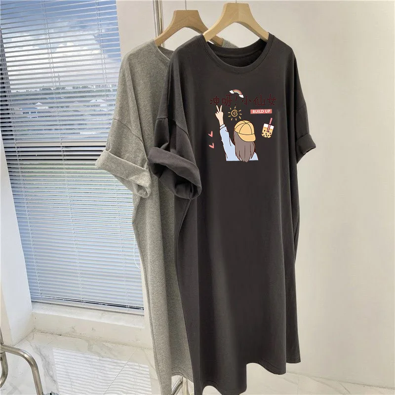 Tunica estiva Vintage a maniche corte, abiti al ginocchio con scollo a o stampati in cartone animato, abbigliamento donna pullover Casual larghi