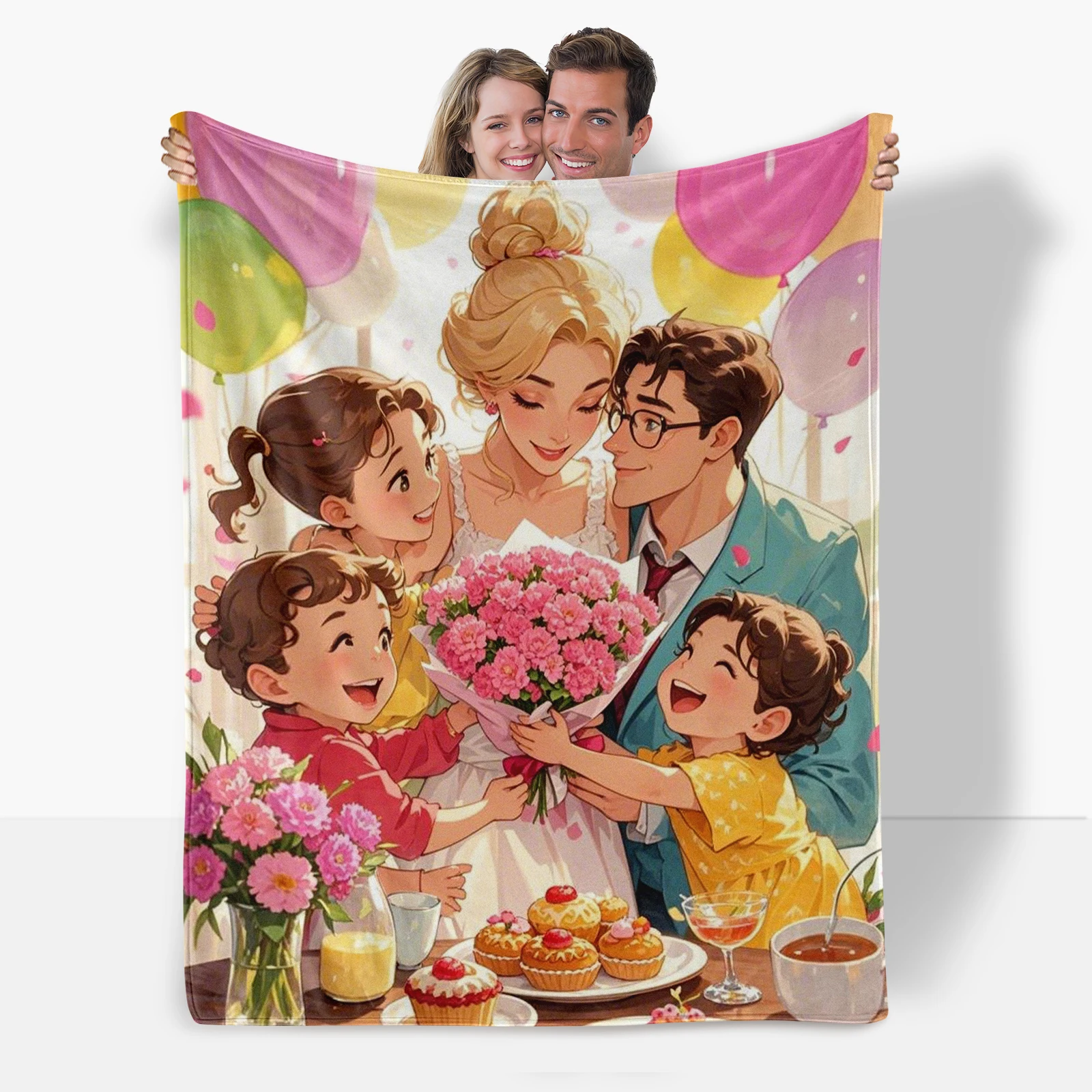 Perfect Mothers Day Gift Idea Flannel Blanket Featuring Delightful Cartoon Family And Party With Warm Messages