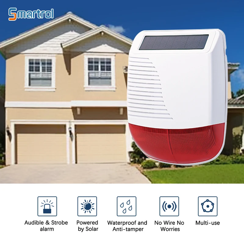 Smartrol Solar Energy Wireless Sound Light Alarm 433MHz 110dB High Decibel compatible Home Security Alarm Host