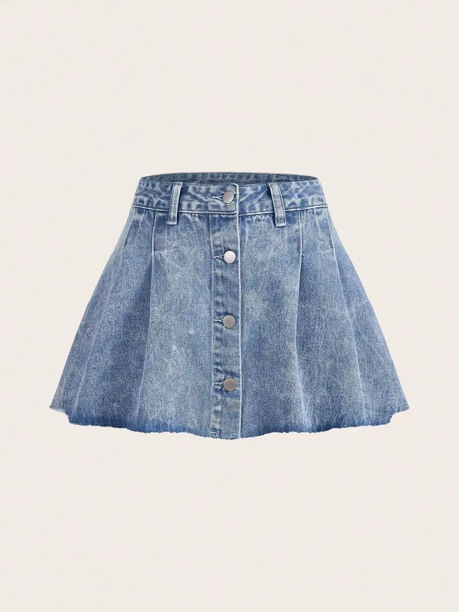 

Button-Front Pleated Denim Mini Skirt with Distressed Wash