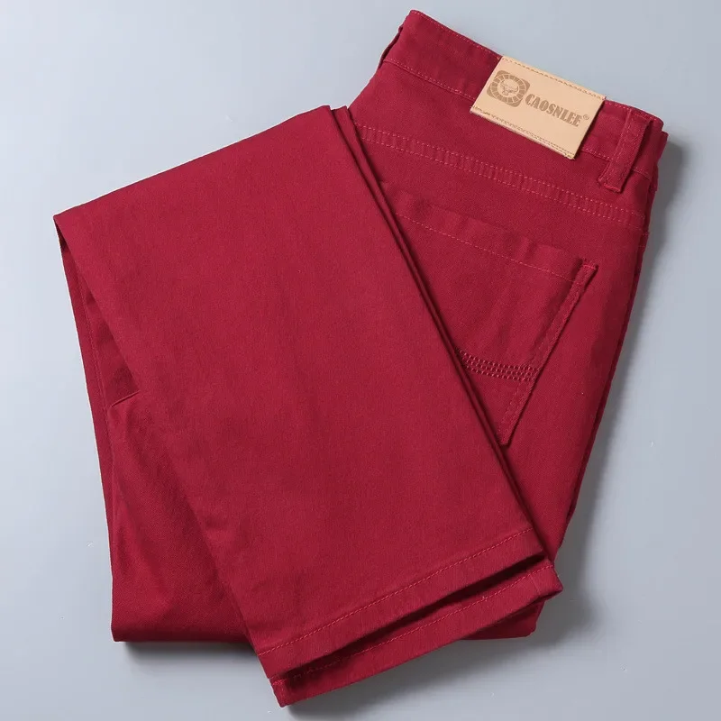 2023 New Men's Khaki Red Wine Jeans Classic Style Business Fashion Solid Color Stretch Straight Denim Trousers Male Brand Pants