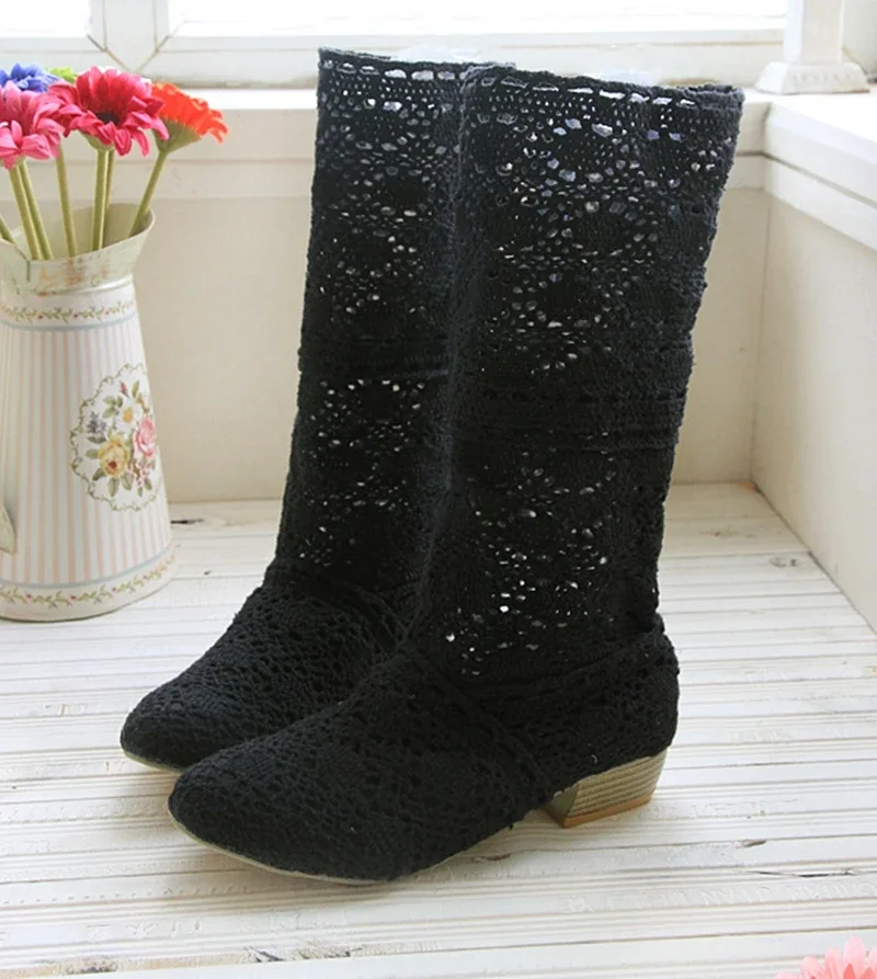 2020 high quality Hollow Boots Breathable Knit Line Mesh boots Summer Women Boots Knee High Womens Shoes Big size 34-43 AT18