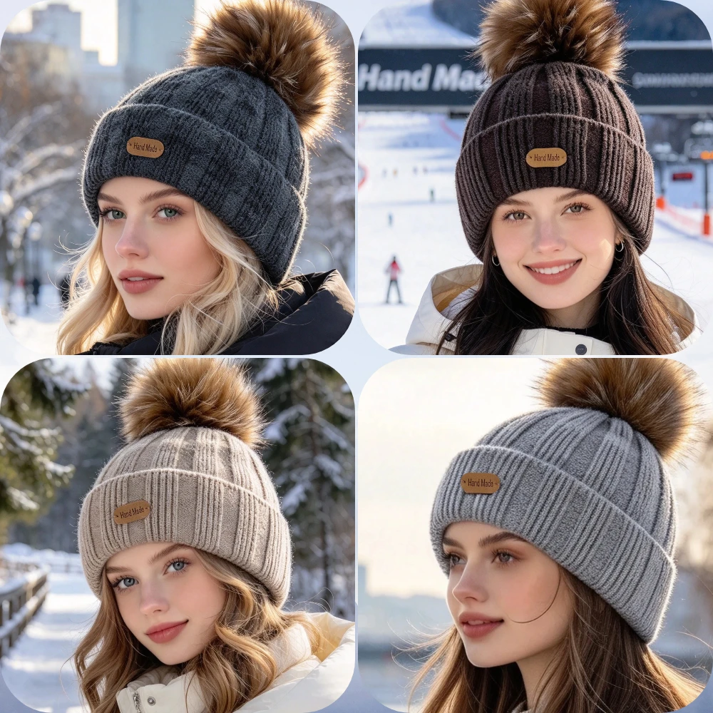 New Fashion Women Winter Knit Hat Faux Fur Pompom Hat Warm Thick Ribbed Knit Cap Ladies Beanie Hat
