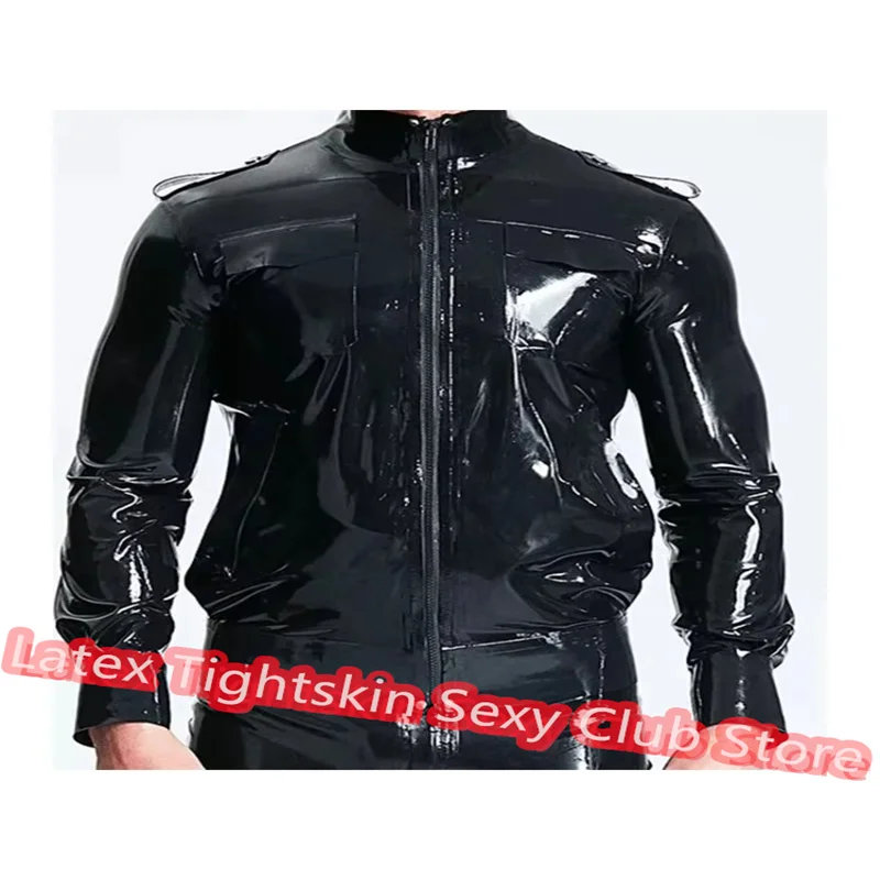 

Handmade Latex Men Long Sleeve Top Latex T-shirt Front Zip Rubber Suit Cosplay Costume