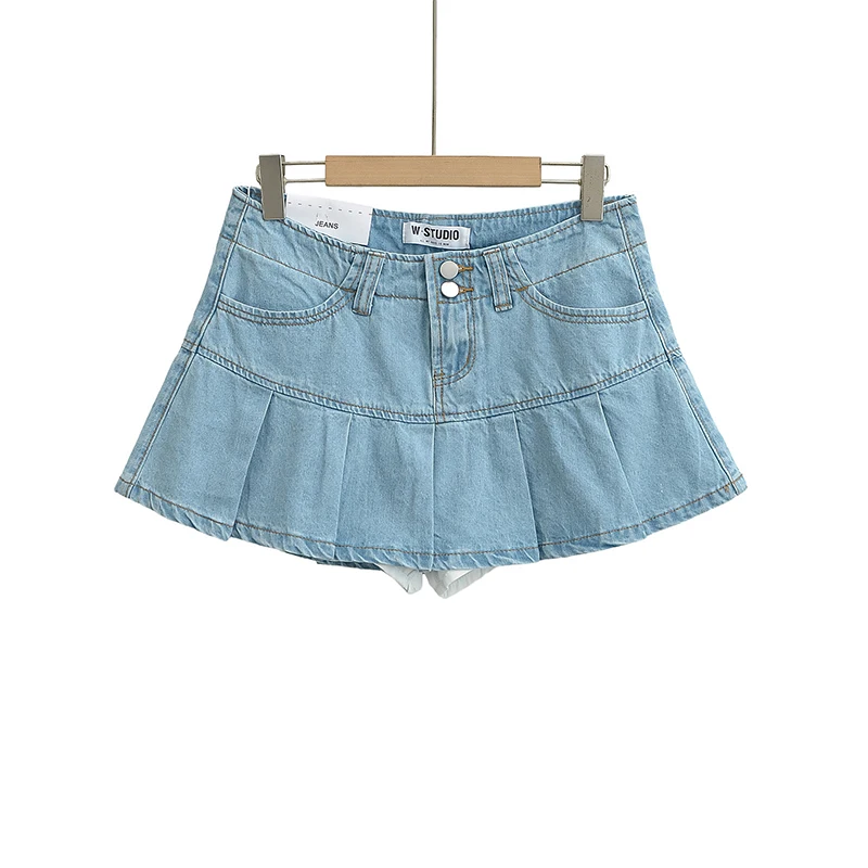 Schinteon Damska Letnia Mini Spódniczka Jeansowa Seksowna Falbanki Plisowana Spódniczka Jeansowa z Wysokim Stanem Spodnie Spódniczka Nowość Lato 2025