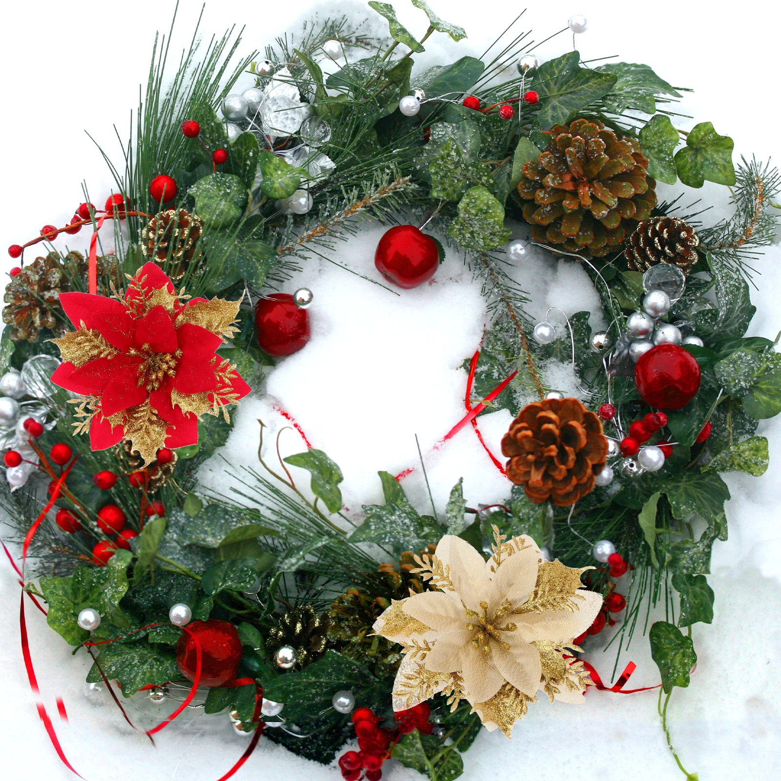 

24Pcs Christmas Wreath Accessories Red Golden Xmas Tree Ornament Decorative Artificial Flowers Party Decoration Holiday Decor