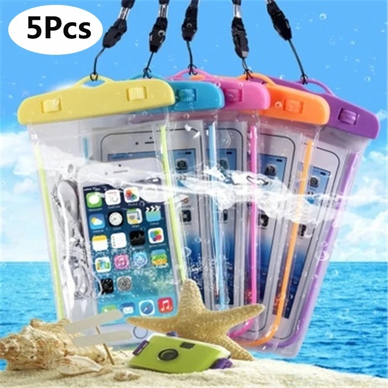 

5Pcs Universal Waterproof Pouch Dry Bag Phone Case Cover With Neck Strap For Diving Swimming Pool Skiing Water Sport Equiment