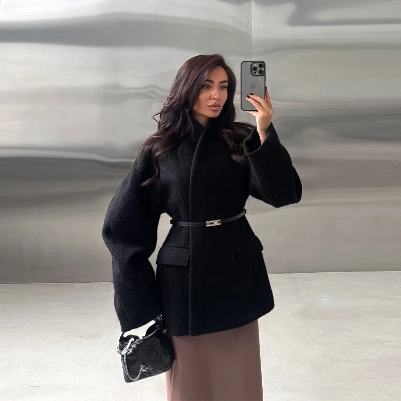 

Elegant New Loose Casual Middle Length Coat Wide Sleeve V-Neck Waist Cinched Comfortable Jacket Fashion Women Office Outfit