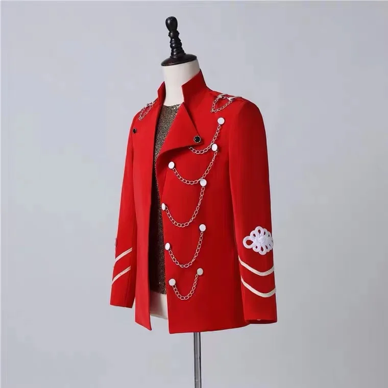 

Red Chain Suit Coat Male Singer Stage Costume Emcee Host Hair Stylist Jacket Men Clothing vestito elegante uomo da matrimonio