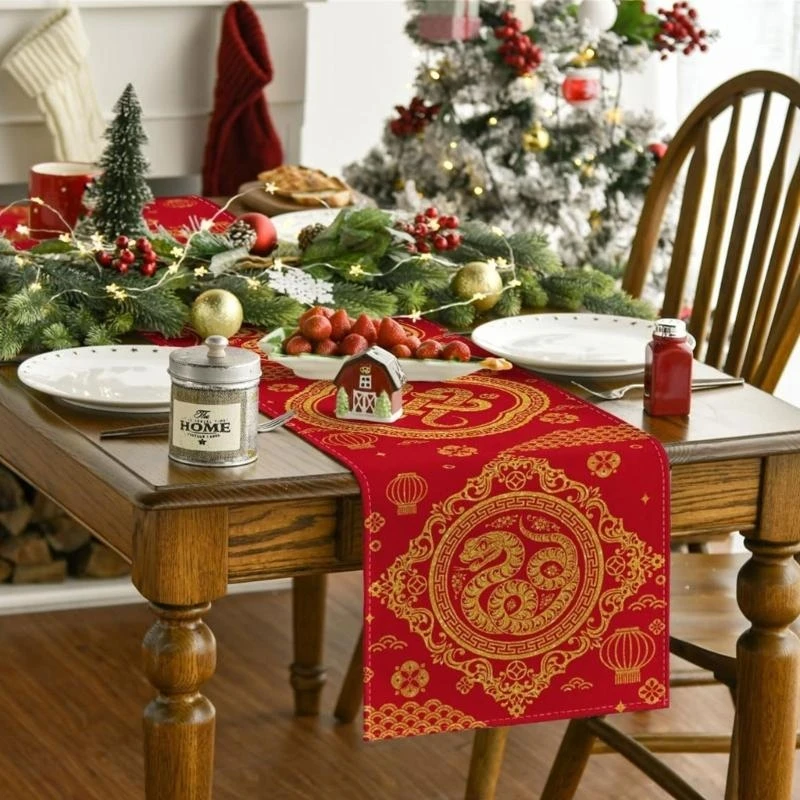 D8KF New Years Snake Table Runner Tablecloth 2025 for Winter Gatherings