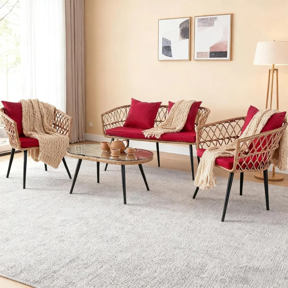 

4-piece terrace bar set, 2-piece wicker bar chair set with coffee table, backyard, porch