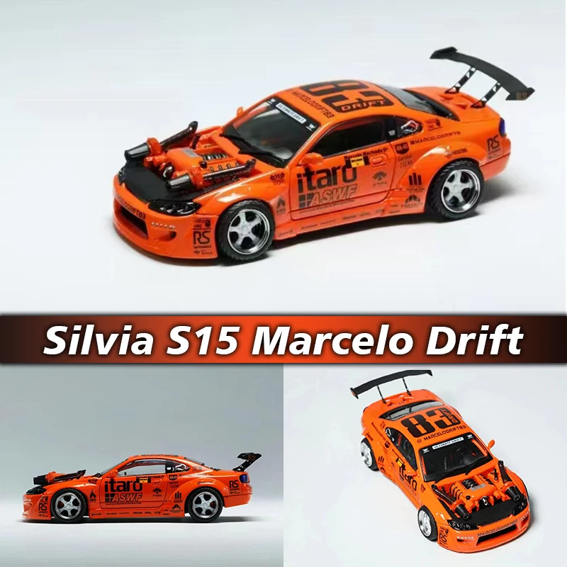 Ys em estoque 1:64 silvia s15 marcelo drift cayenne v8 motor diecast diorama modelo de carro coleção brinquedos em miniatura