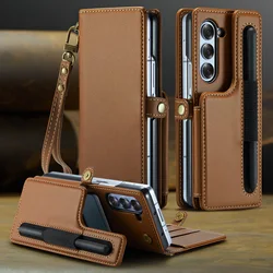 Pen Holder Slot RFID Blocking Wallet Cards Leather Phone Case for Samsung Galaxy Z Fold 6 5G Hand Strap Stand Bag Purse Cover