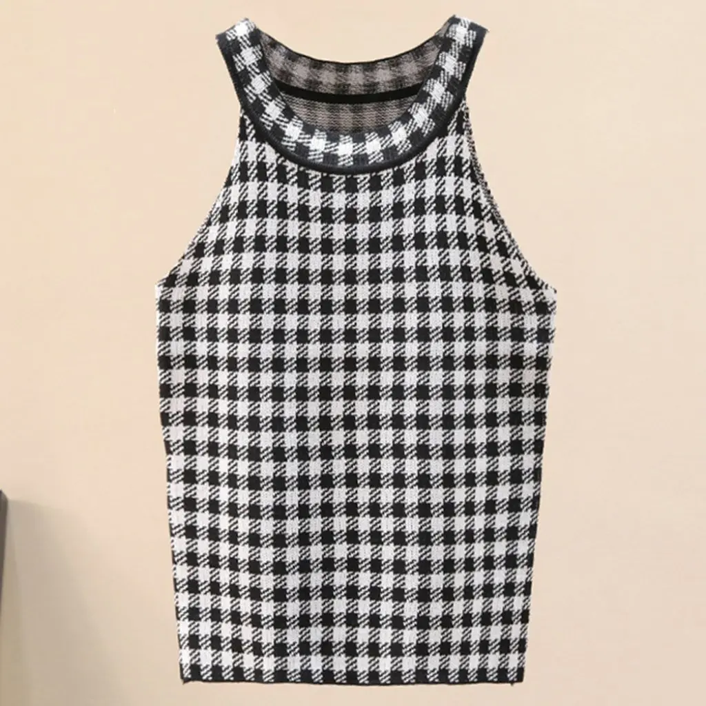 

Women's Houndstooth Short Neck Vest Sexy Cute Summer Top Real Shot Style JR2343