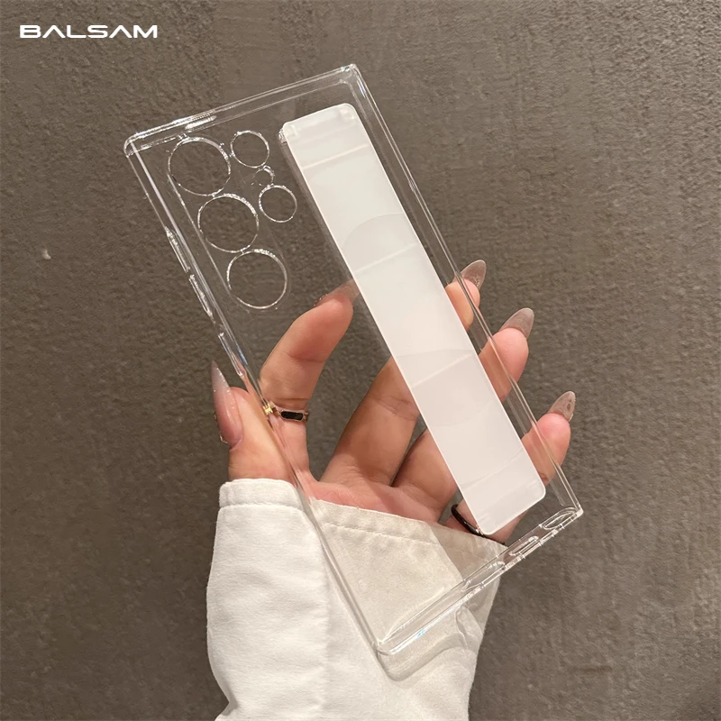 حافظة فاخرة بحزام معصم من السيليكون المرن لهاتف سامسونج جالاكسي S25Edge S24 S23 Ultra Plus غطاء رقيق شفاف مقاوم للصدمات