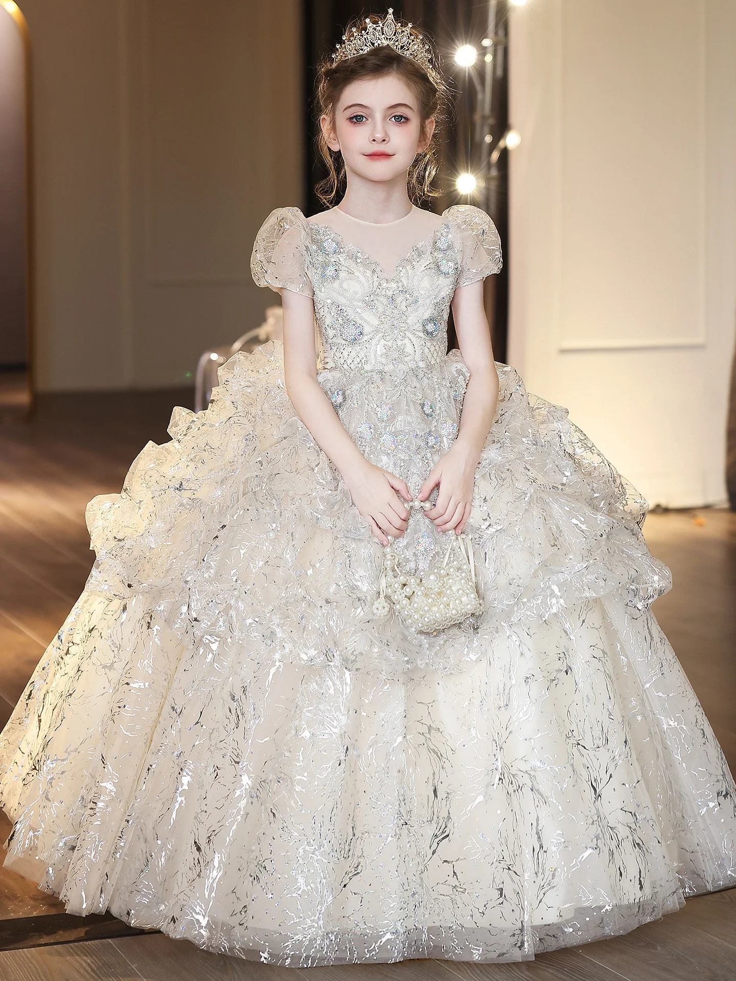 Custom Luxury Dress Female Wedding Guest Gown Short Sleeve Rhinestone Ruffle Tulle Ball Gown Luxurious Birthday Outfit For