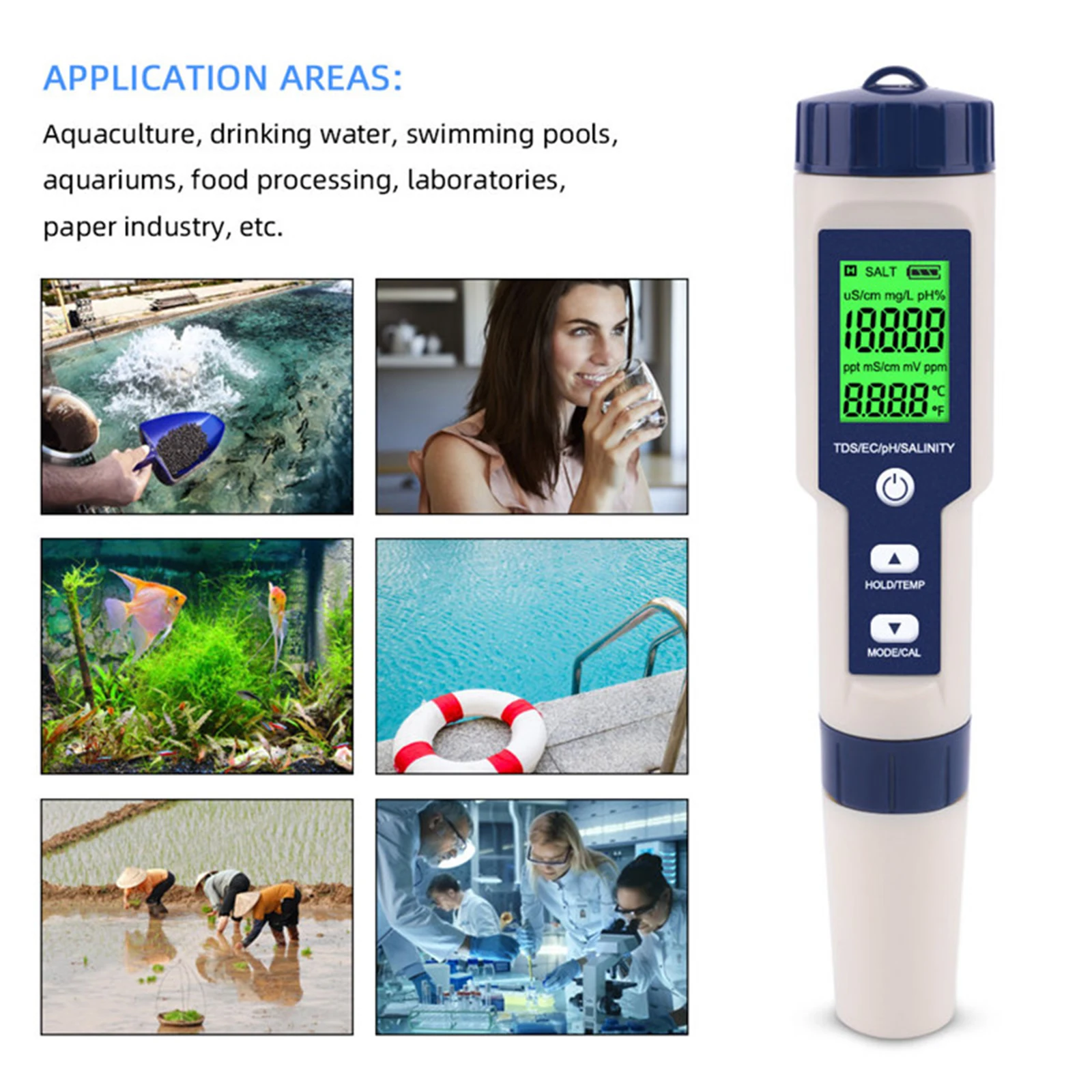 เครื่องทดสอบคุณภาพน้ำ5 in 1, เครื่องวัดค่า pH psh/ec/tds/salt/temp ความแม่นยำสูงกันน้ำปากกาสอบเทียบอัตโนมัติ