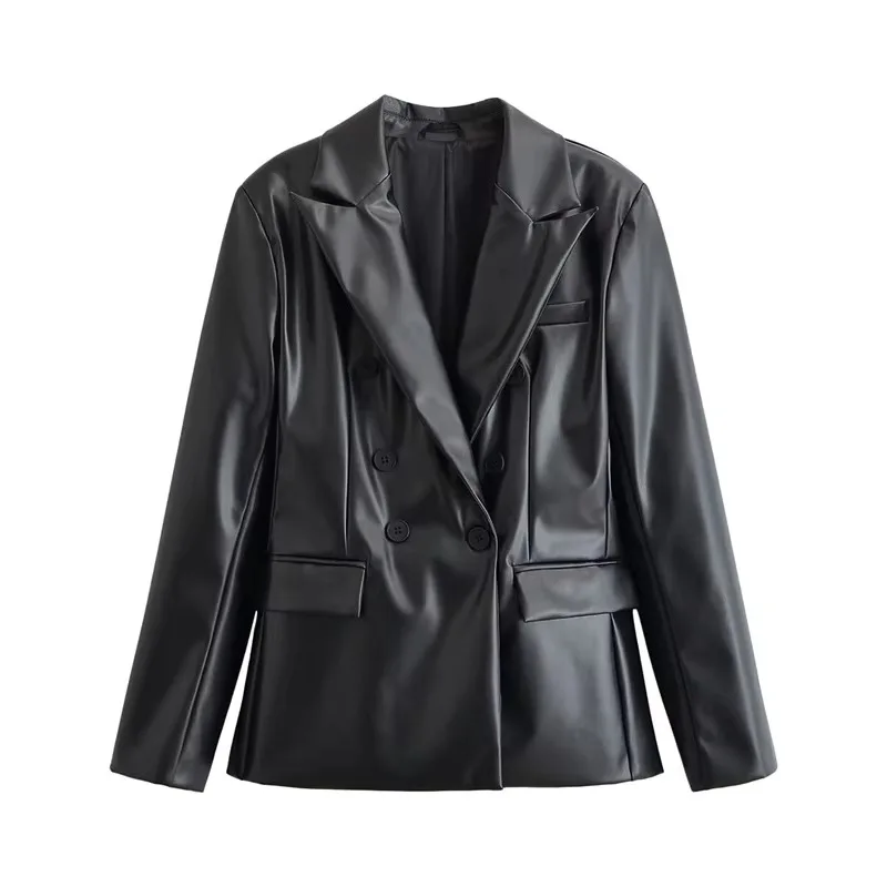 Guobioziy Women's Faux Leather Blazer  Fall Winter Black Long Sleeve Smart Casual Motorcycle Jacket Classic Simple