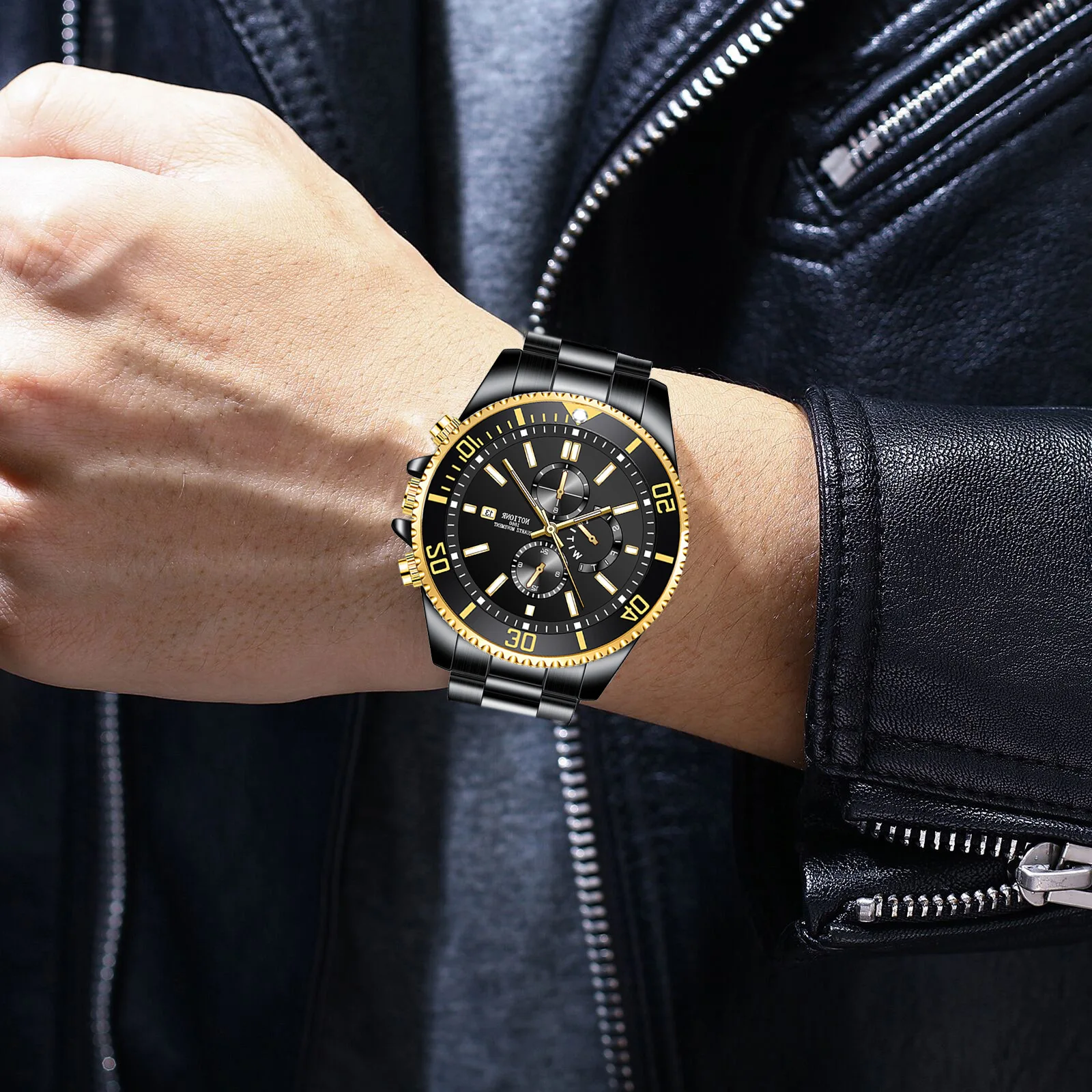 Men's Watches Top Brand Luxury Watch for Men Original Waterproof Stainless Steel Chronograph Moon Phase Date Rota Dial