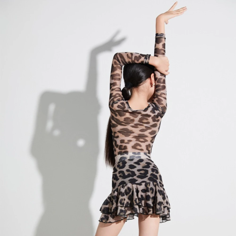 

Children's girls' ballroom Latin dance practice outfit for girls leopard print, autumn-winter new style, professional dance suit