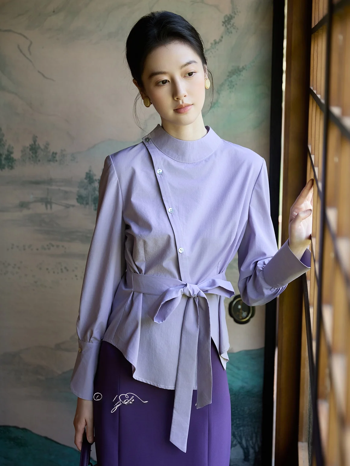 

Женская асимметричная блузка LelezStudio в стиле ретро, новый китайский дизайн, с наклонным воротником, длинная, тонкая, из полиэстера...