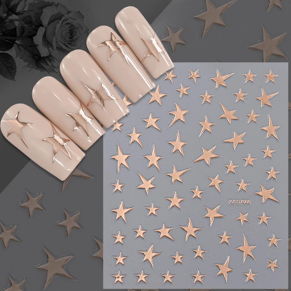 สติกเกอร์ติดเล็บลายโบว์รูปหัวใจสีโรสโกลด์ 3 มิติ 1 ชิ้น สติกเกอร์ติดเล็บลายโบว์เล็กน่ารักแบบเมทัลลิก ลายดาวและโซ่ ติดด้วยตัวเอง อุปกรณ์ตกแต่งเล็บ