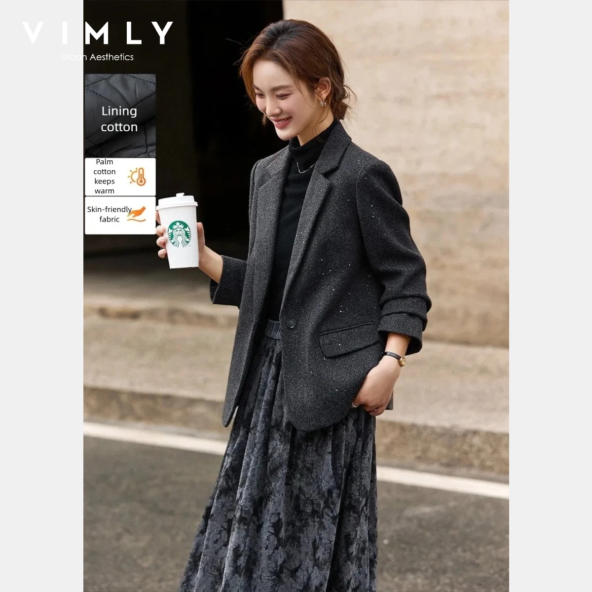 

VIMLY Simple Women's Blazer 2025 Elegant Quilted Thickened Female Jacket Single Button Pocket Long Sleeve Winter Coat A2865