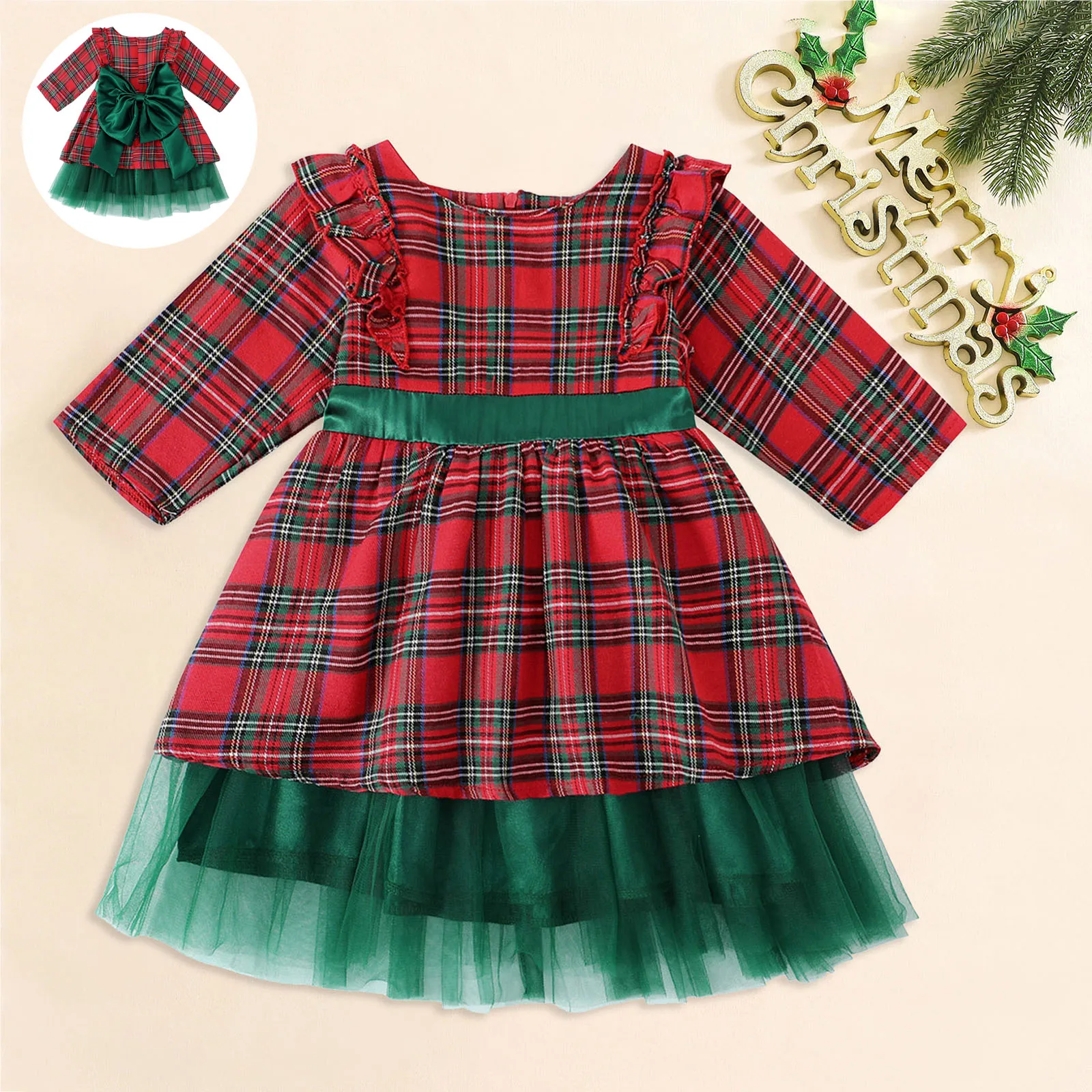 

Baby Clothes Dress Girls Christmas Dress Long Sleeved Checkered Print Bow Mesh Dress Fashionable Thanksgiving Dresses for Girls