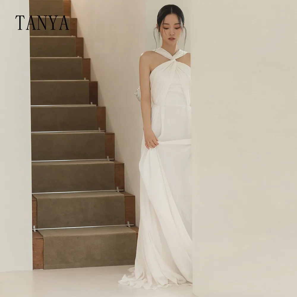 Elegante abito da sposa con scollo all'americana senza maniche una linea lunghezza del pavimento abito da sposa semplice in Chiffon nuovo abito da sposa con cappuccio TSWD323