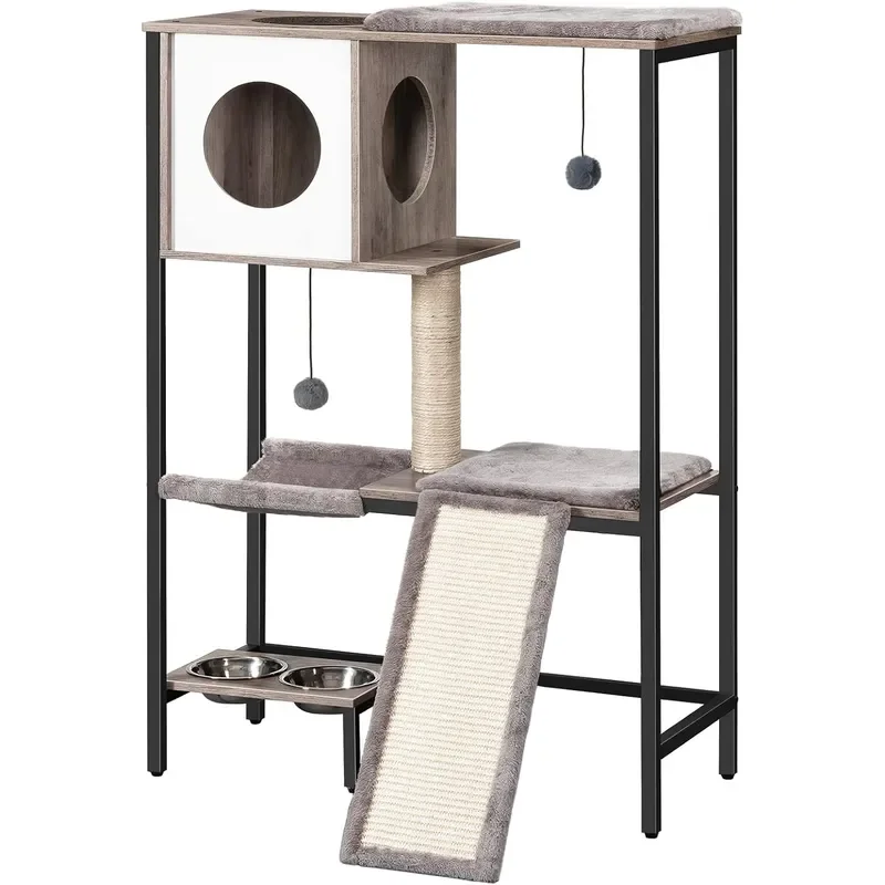 Wooden Cat Tree Versatile Cat Tower with Scratching Post Cat Hammock and Food Bowls 4-Tier Pet House for Indoor Cats