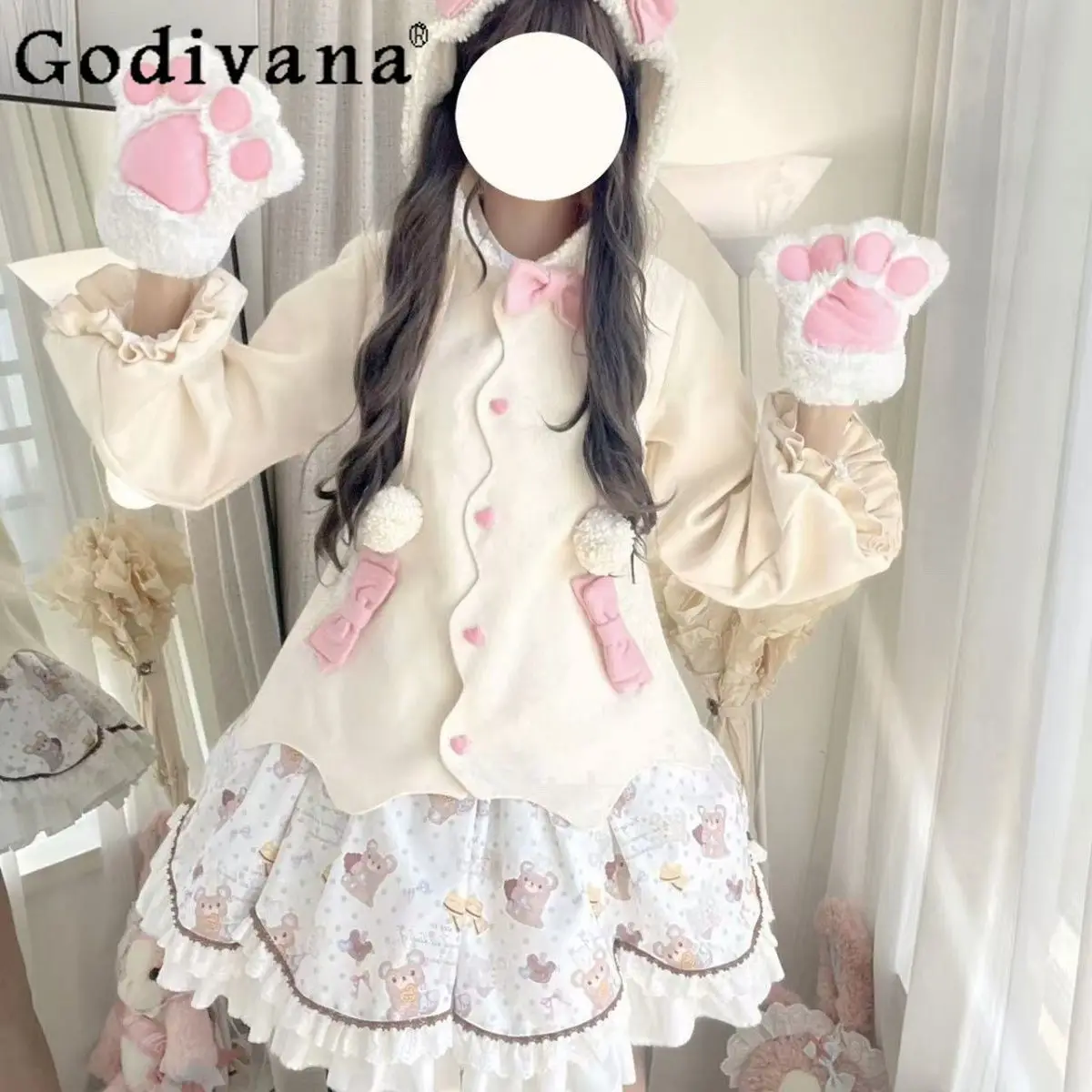 

Japanese Style Soft Girls Lolita Hooded Short Jacket Coats Autumn and Winter New Women Sweet Bow Single-Breasted Kawaii Jacket