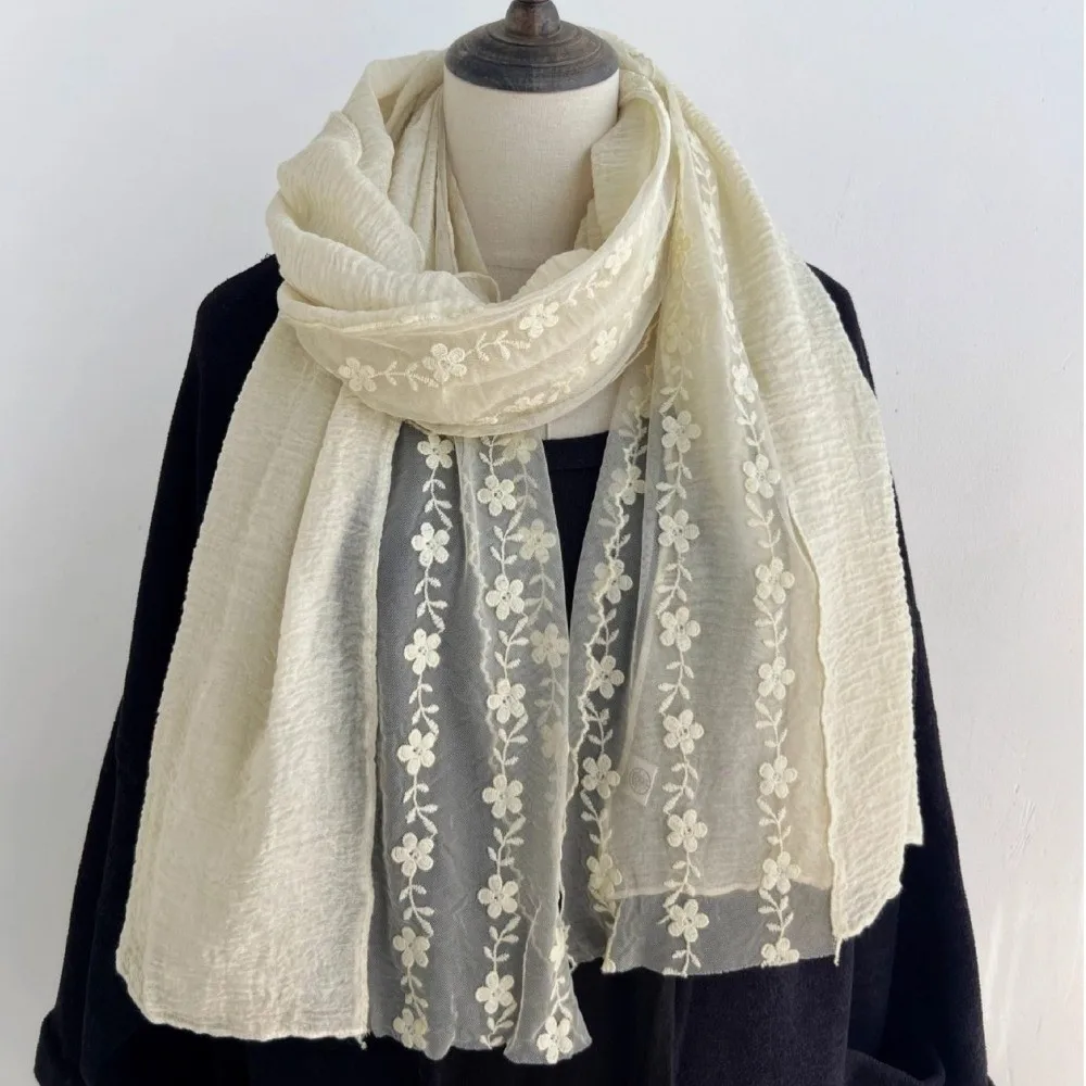 Fashion Cotton Linen Lace Patchwork Scarf Solid Color Thin Thin Gauze Scarf Long Breathable Shawl and Wrap for Women