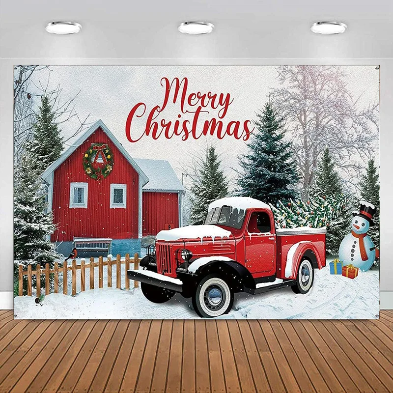 

Christmas Photo Backdrop Red Rustic Truck Winter Photo Photography Background Seasonal for Home Holiday Banner Decoration