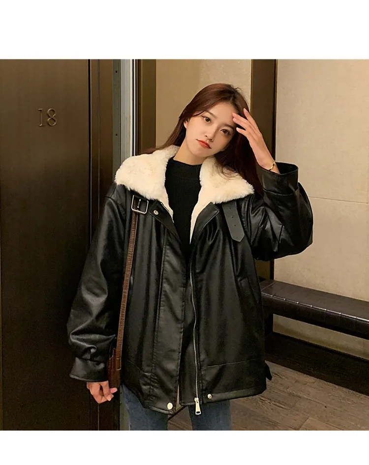 여성 PU 가죽 코트 캐주얼 숏 재킷 시어링 퍼 칼라 긴팔 지퍼 루즈핏 코트 스트릿웨어 2025 가을 겨울