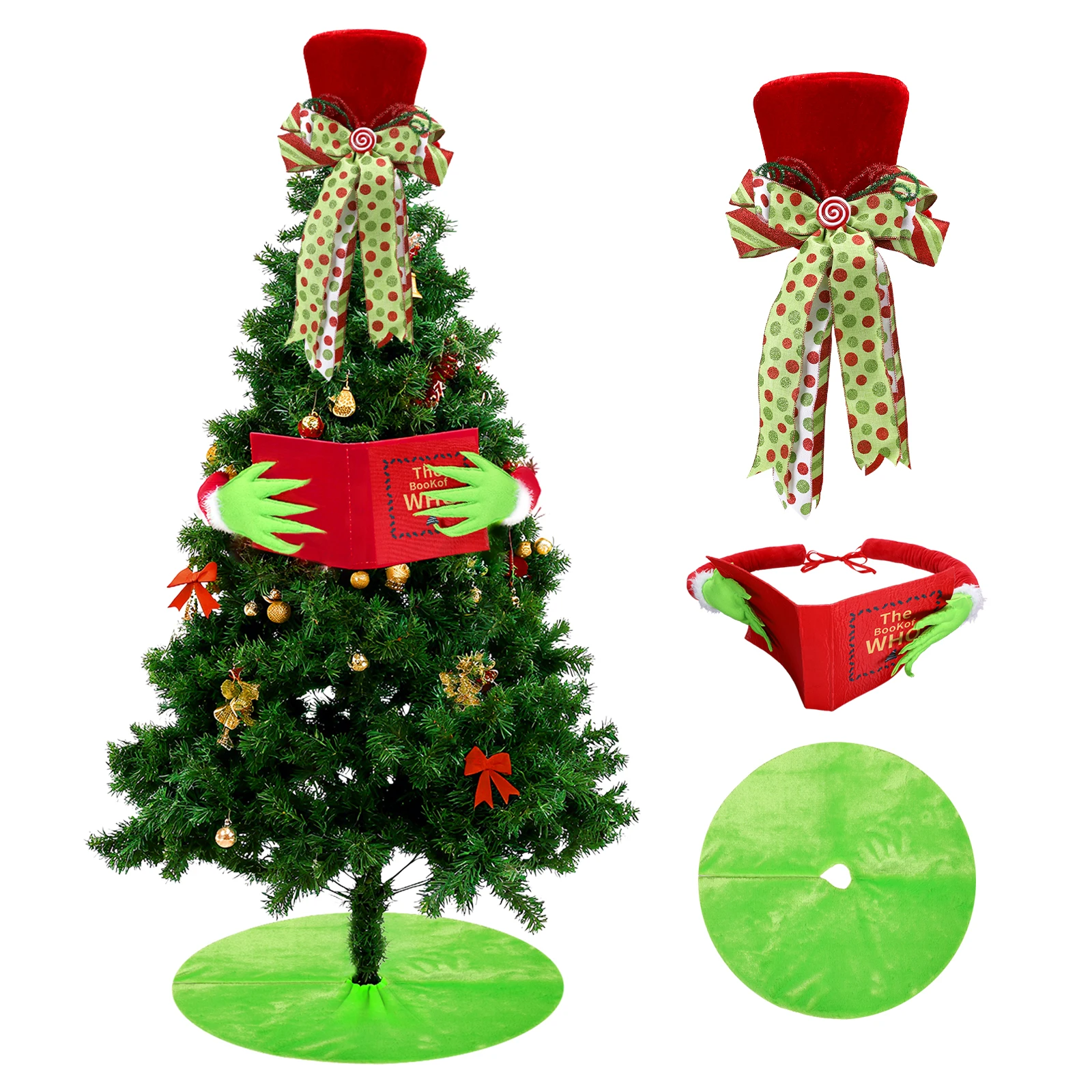 

Christmas Tree Skirt Green Mat Faux Fur Large Xmas Tree Skirts Top Hat Hand Held Book Holiday Party Decorations Ornament